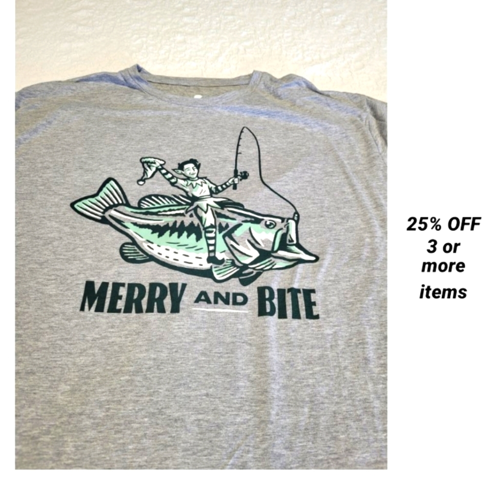 Tee Shirt Graphic Print Longsleeve Fish Elf Nautical Fisherman Merry and Bite